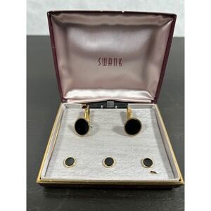 Vintage Swank Cufflinks and Studs Set Gold Tone Black Onyx Circular Formal Men